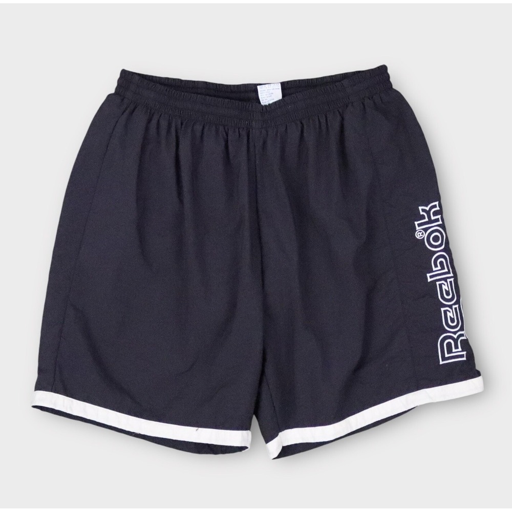 Vintage Reebok Shorts L Black Mesh Lined Spellout Swim Trunks Y2K